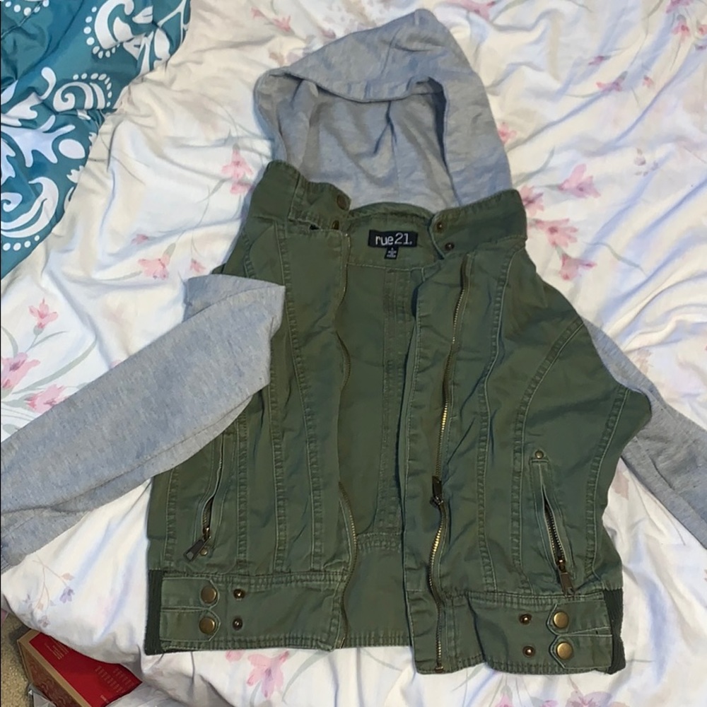 olive green jean jacket with grey hood &sleeves